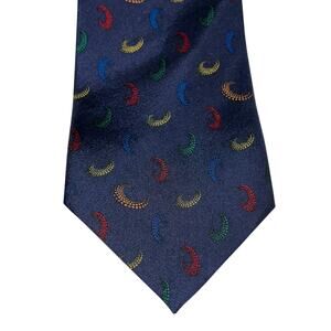Visteon Navy Blue Silk Tie Colorful Crescent Moon Pattern Mens Dress